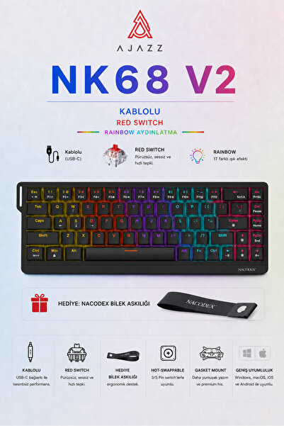 Ajazz Nacodex NK68V2 Hot Swap Kablolu Mekanik Oyun Klavyesi- Red Switch-Bilek...