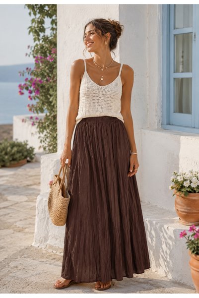 Dream Style Women's Voile Fabric Crinkled Skirt with Elastic Waist and Long Lining
