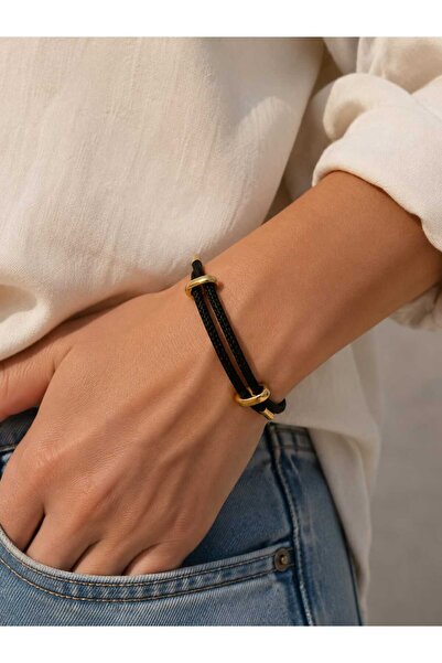Egolinda Örme İpli Gold Detaylı Minimal Unisex Bileklik – Ayarlanabilir Moder...