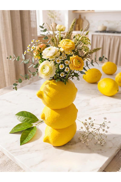 craftopya Dekoratif Limon Tasarımlı Vazo - Sarı Kurutulmuş Çiçek ve Pampas Va...