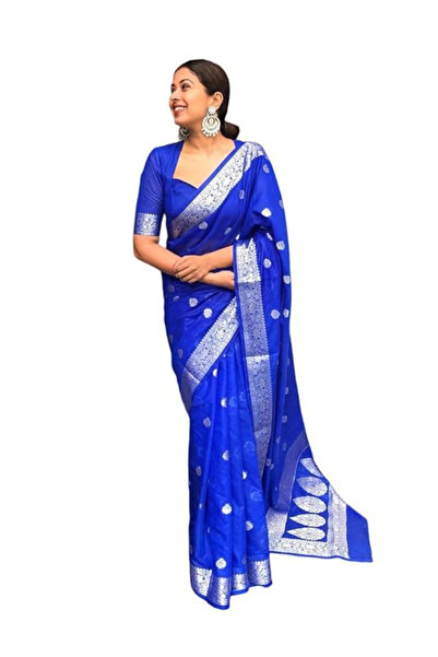 MYSMAR Blue Lichi Silk Banarasi Saree with Silver Zari Border - TRNM3128-Blue