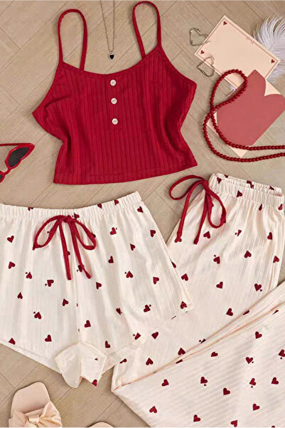 JInsh 3-Piece Red Heart Print Loungewear Set, Ribbed Cami Top + Shorts + Pant...