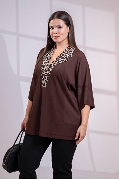 Roxxlen Women's Plus Size Collared Leopard Blouse