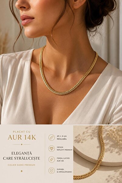 OEM Colier Damă Placat cu Aur 14K, Model Împletit Premium, Reglabil 45+4 cm, ...