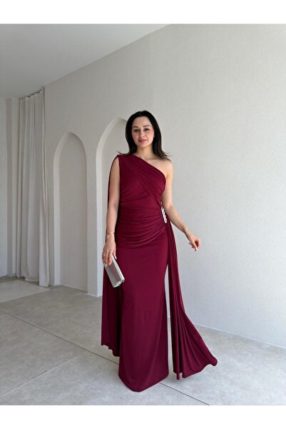 Mooi Butik Mari̇nel Maxi Dress 8936 - Burgundy