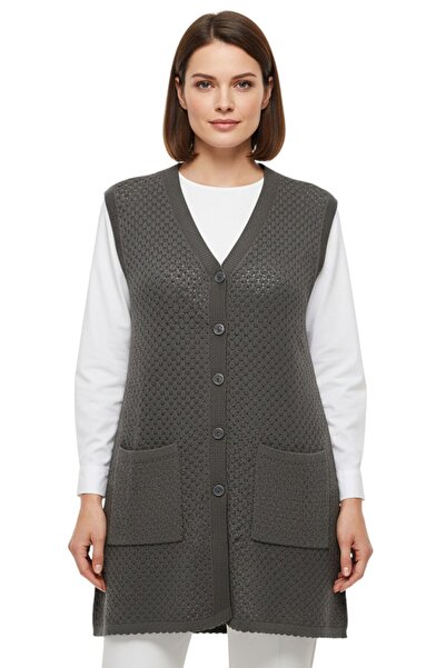 hadiora Women's Gray Buttoned Pocketed Knitwear Mother's Vest