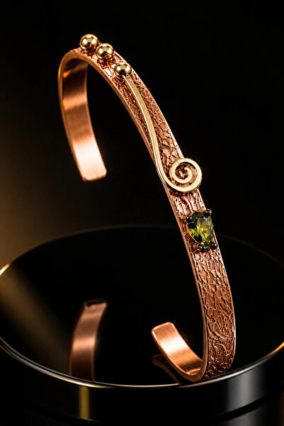 OSMANLI GÜMÜŞ Women's Copper Bracelet with Natural Plum Green Zircon Stone, D...