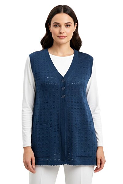hadiora Women's Navy Blue Buttoned Pocketed Knitwear Mother's Vest