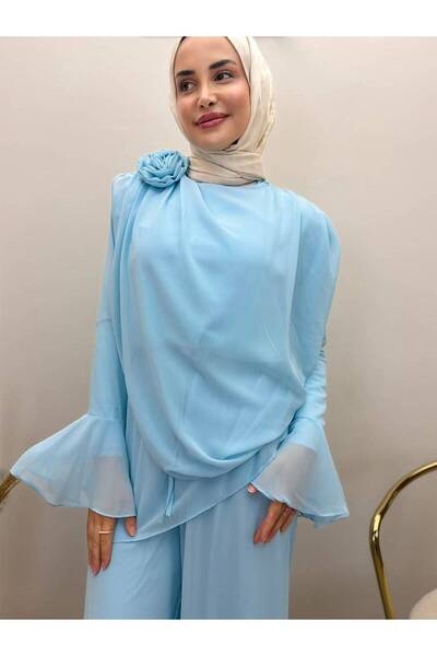 JOOQSTORE Rose Brooch Detailed Suit with Flounced Sleeves