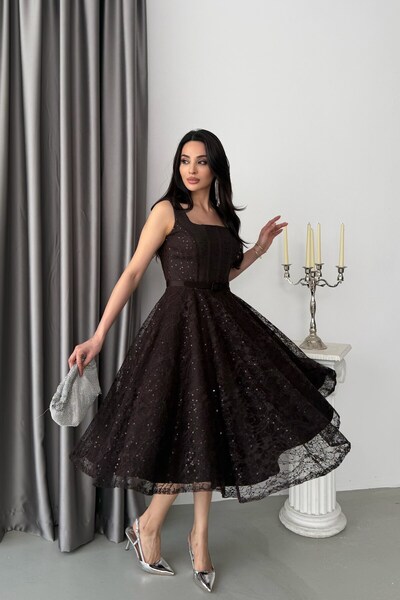 Serica Moda Rochie de seară cu decolteu pătrat, cu paiete brodate și dantelă ...