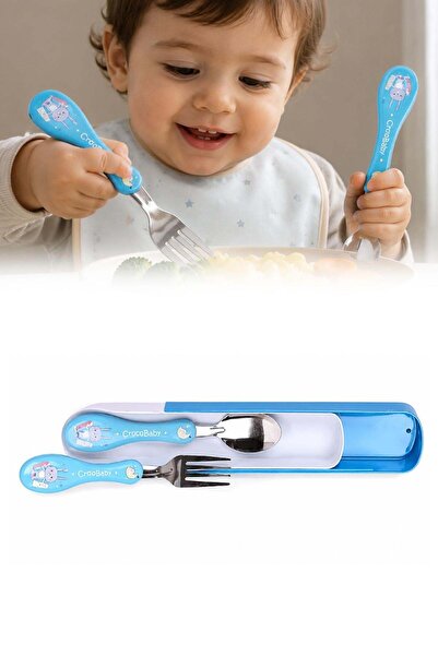 omilife طقم شوكة وملعقة طعام للأطفال بمقبض من السيليكون وطرف معدني على شكل شخ...
