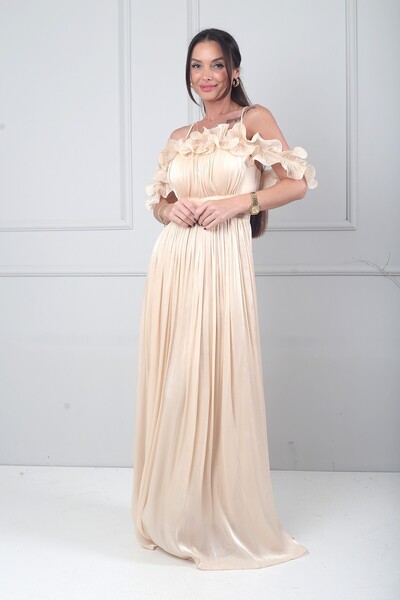 By Saygı Women's Chiffon Fabric Flounce Detailed Lined Long Dress