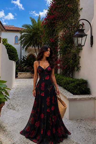 Shapelyn Piping Detailed Rose Patterned Maxi Dress