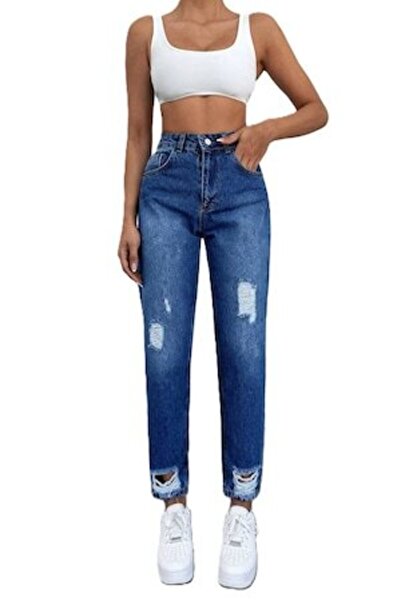 StreetWear Outlet Women's Jeans, High Waist and Mom Fit Cut with Rips, Dark B...