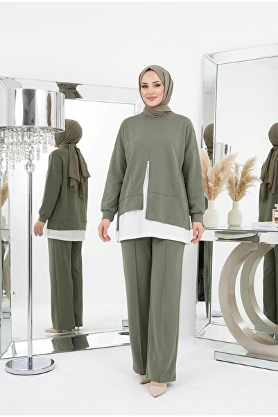 wishne Women's Zipper Detailed Garnished Double Suit Hijab Oshyo Set