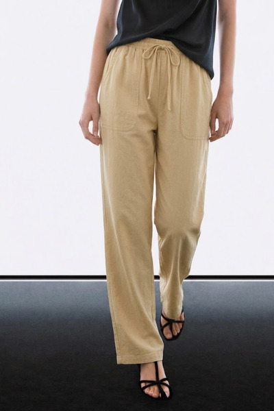 MATERIAL Women's Elastic Casual Loose Cream Linen Trousers