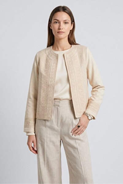 Saade Kadın Oversize Bisiklet Yaka Önü Açık Nakışlı İnce Gabardin Ceket
