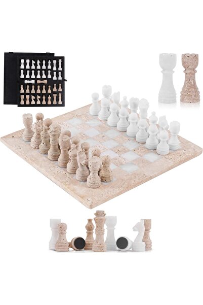Radicaln Marble Chess Set 12 Inch Handmade Travertine & White Board Game - Ta...