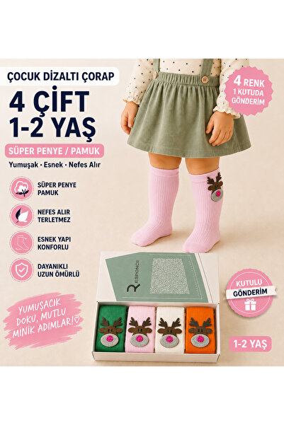 CALLAVI Knee-High Girls' Socks with Deer Accessories, 4 Pairs in a Box