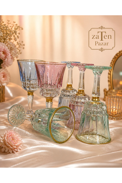 zaTen Pazar Blare 3 Renk Yaldızlı 6 Adet Kahve Yanı Bardak Seti-90cc