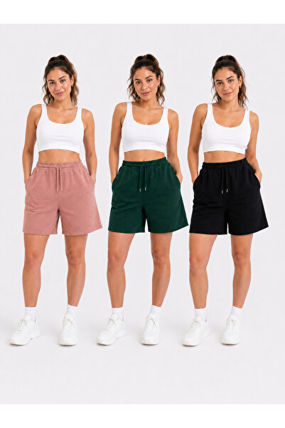 POLYMOOD 3'Lü Set Oversize Belden Bağlamalı Cepli Penye Şort 40 CM