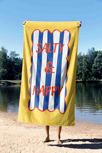 ASDİVA Salty & Happy Yazılı Sarı Mavi Çizgili Plaj Havlusu 75x150