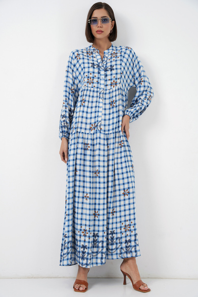 Merterium Women's Patterned Long Hijab Dress 1155 - A.Blue