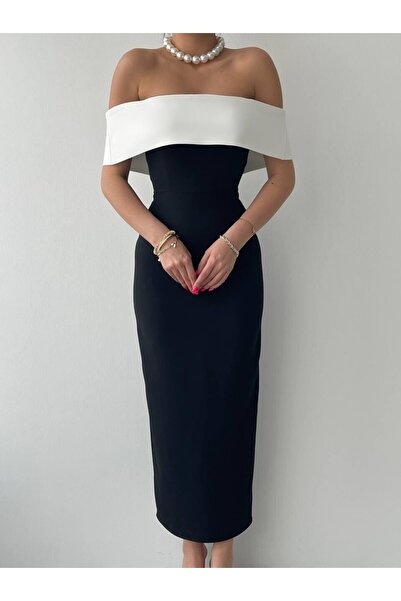 Caddebostan Moda Women's Strapless Collar Detailed Midi Length Evening Dress
