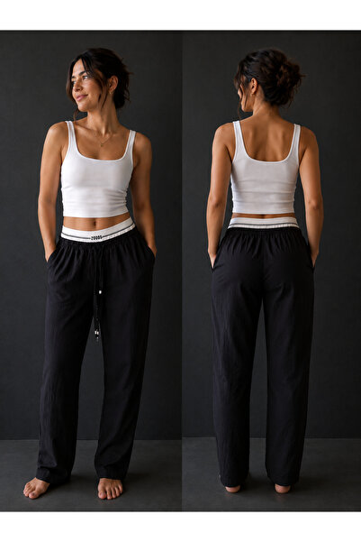 ince moda giyim Siyah Relax Fit Paraşüt Jogger Pantolon