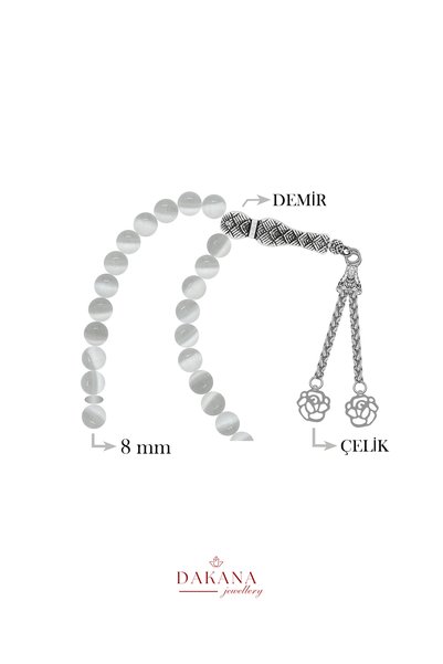DAKANA JEWELLERY Certified 8 mm Selenite Stone Lotus Flower Steel Tassel Natural Stone Prayer Beads