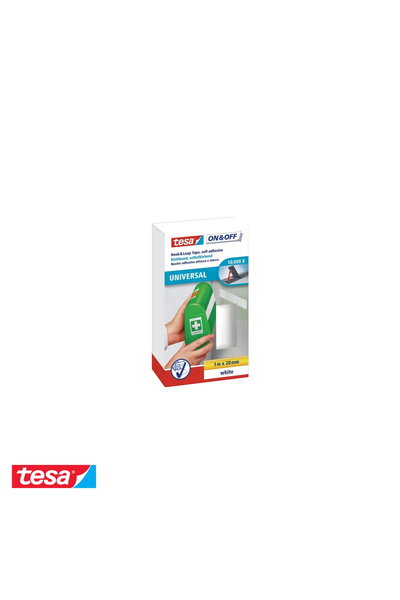 Tesa On & Off white hook-and-loop tape, 1m x 20mm, reusable, for office and h...