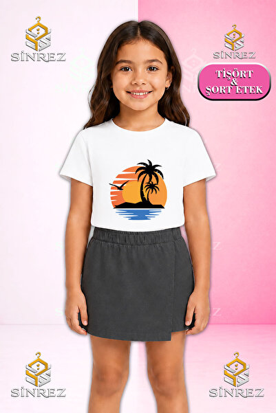 SİNREZ Girl's Set Palmiye Deniz Gunes Printed Short Sleeve T-Shirt Shorts Skirt