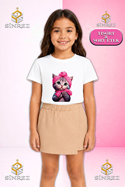SİNREZ Set pentru fete SEKER KEDI YARIM PEMBE KRDL Tricou cu mânecă scurtă im...