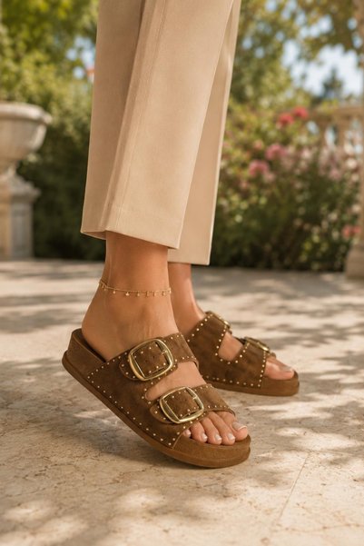 Godystep Suede Women's Suede Trok Staple Detailed Thick Gold Buckle Anatomical Comfortable Sole Daily Slippers