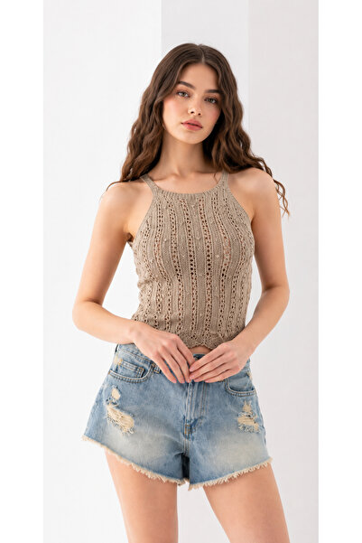 Minii Tuhafiye Ajurlu Örgü Crop, Bluz, Halter Yaka, Yazlık Triko Askılı Fit A...