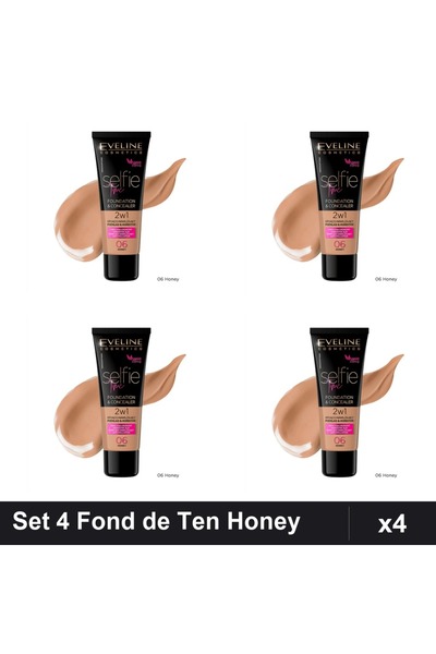 Eveline Set 4 Fonduri de Ten Selfie Time 2in1 06 Honey 30ml, Makeup Lichid