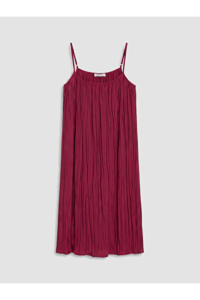 LC Waikiki Burgundy Square Neck Rope Strap Textured Dress
