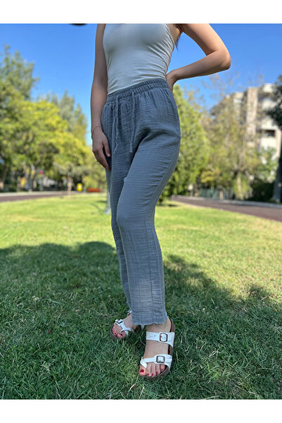 cesita Women's Gray 100% Cotton Muslin Fabric Trousers