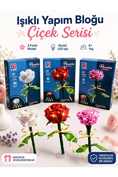 DİĞER1111 LED Işıklı Yapım Bloğu Çiçek Setleri 6+ Yaş Hediyelik Dekoratif Çiç...