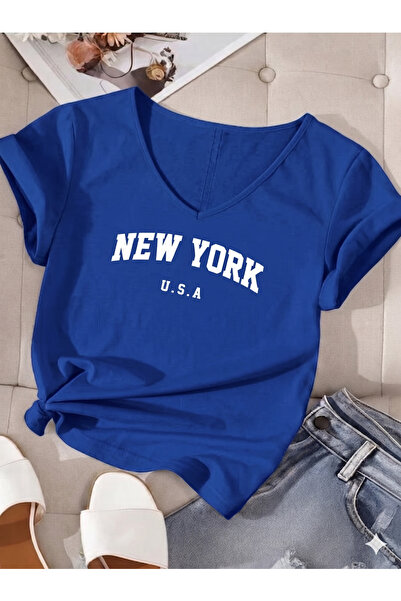 BW Bravely Wear Γυναικείο μπλουζάκι με λαιμόκοψη V NEWYORK USA με στάμπα κανο...