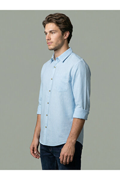 SNX By Styli Men Light Blue Striped Linen Shirt