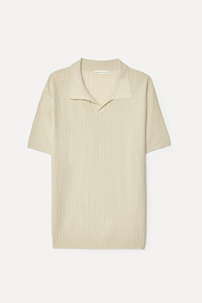 Mudo Men's Stone Color Polo Collar Short Sleeve Knit Sweater