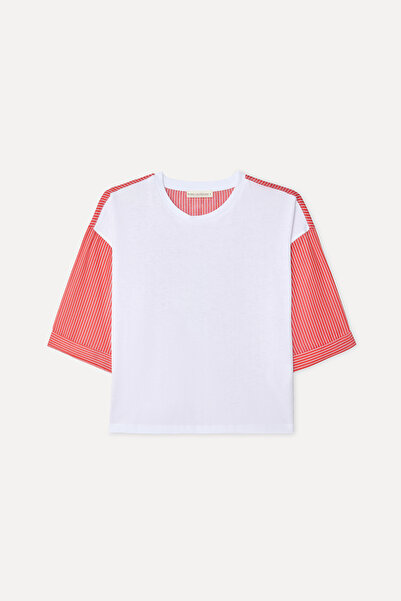 Mudo Women's Off-White Striped Crew Neck T-Shirt