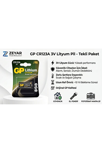 ZEYar Teknoloji GP CR123A 3V Lityum Pil Tekli Paket (Alarm, Sensör ve Kamera ...