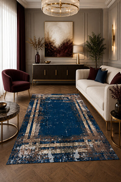 Bordo Halı Mavi Kahve Modern Eskitme Desenli Salon Halısı Antre Koridor Yollu...