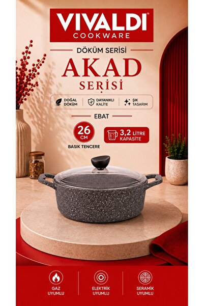 Vivaldi Yanmaz Yapışmaz Döküm Akad Basık Tencere 26 cm/Taş renk