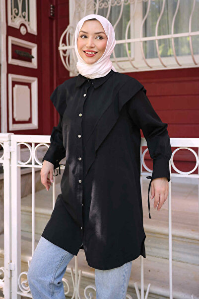 İmajButik Black Tunic with Front Detail and Tie Sleeves