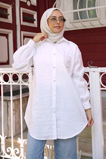 İmajButik Ecru Buttoned Modal Shirt with Stone Detail