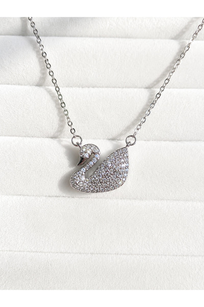ATALYA ACCESSORY Swan Model Zircon Stone Steel Women's Necklace Does Not Tarn...