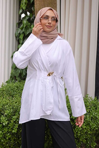 İmajButik White Kimono with Front Tie and Bronchial Detail